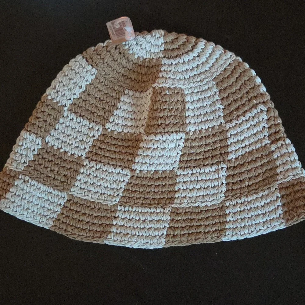 Tan and Cream Checkered Crochet Bucket Hat Boho Knit Festival Sun Cap